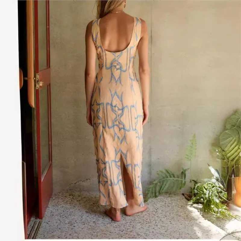 Basic Casual Dresses Elegant womens printed cotton linen sleeveless sexy decorative iron ring dress summer fashion round neck casual long skirt J25030