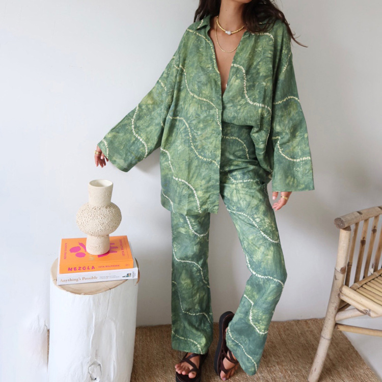 New3 Spring And Autumn New Product Long Sleeve Shirt High Waist Pants Print Women's Fashion Two Piece Set