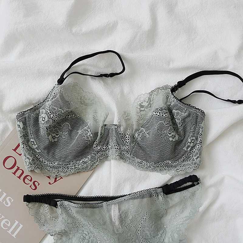 Womens lace ultra-thin bra panties set soft texture big breasts small rims lingerie women large size cotton-free underwearXJ250301