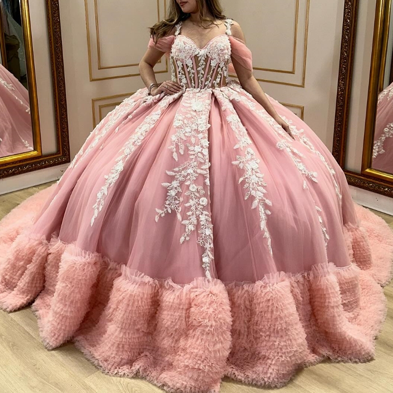 Pink Quinceanera Dresses Ball Gown Off Shoulder Applique Lace Beading Tull Tiered Corset Sweet 16 Dress Vestidos 15 De Anos