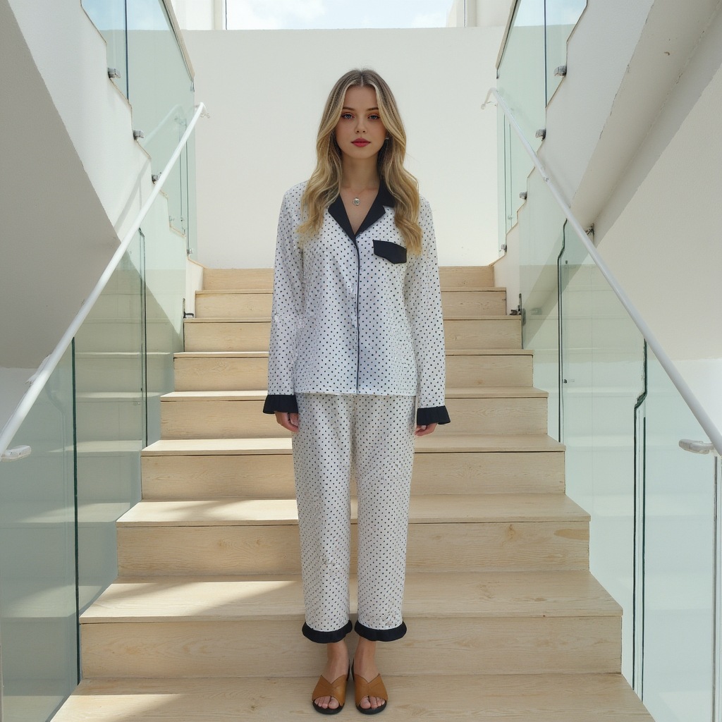 L300 New Black Dot Satin Home Clothes Two-piece Set Long Sleeve Pajamas Set Women's European and American Cross-border Cardigan Long Sleeve Pants