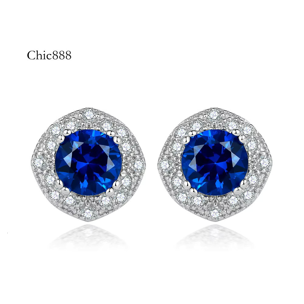 Synthetic Sapphire Non Tarnish Jewelry Halo Studs Earrings Sier