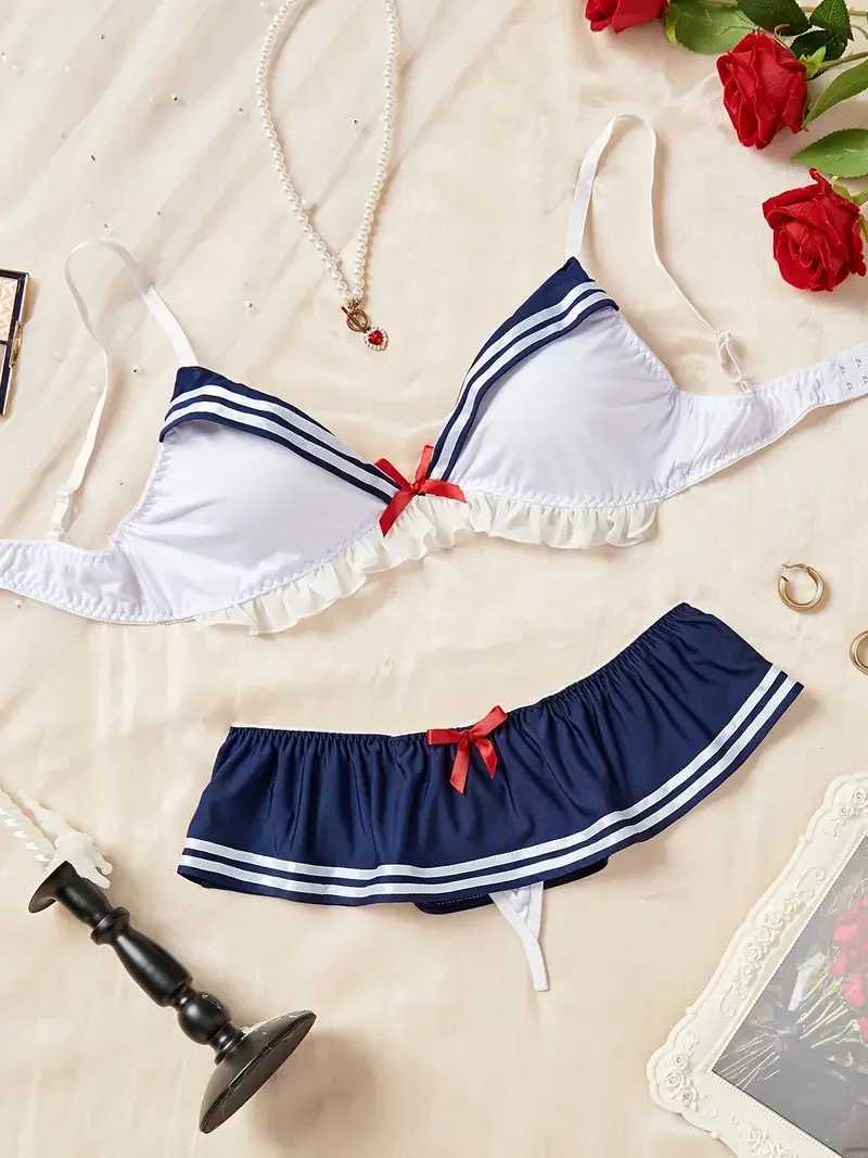 Sexy Lace Lingerie Ruffle And Bow Decoration Bra And Panty Sets Women Gathering Chest Underwear Bralette Set Cosplay CostumeXJ250301