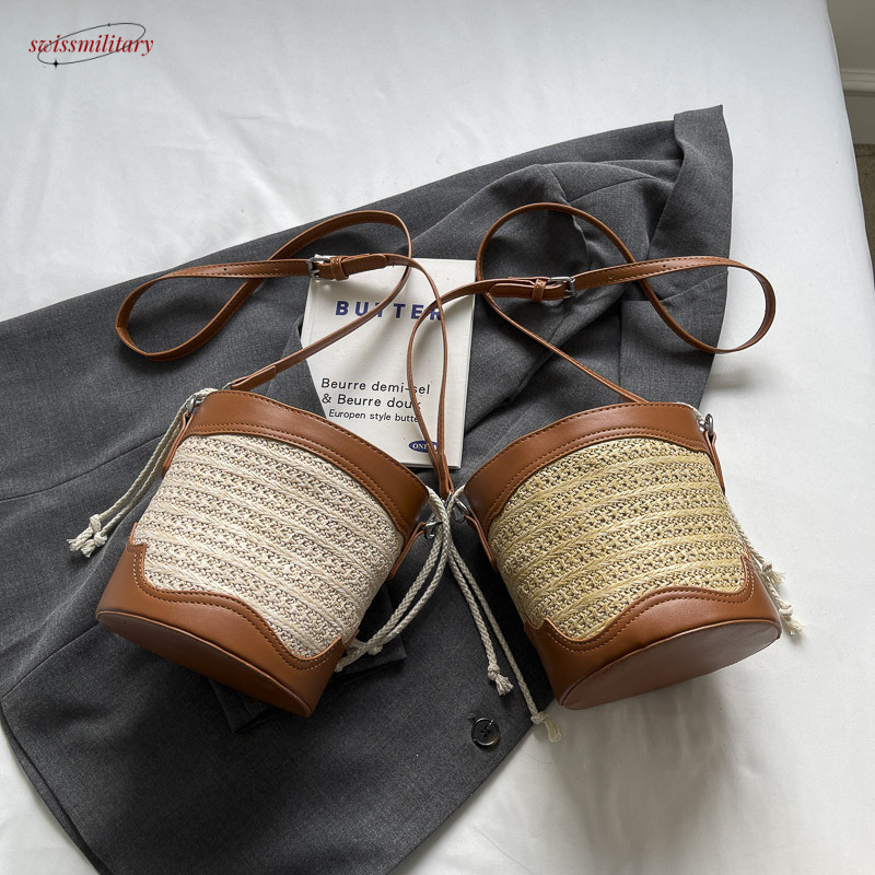 Summer popular bucket for women 2025 new niche design crossbody casual vacation grass woven shoulder bag #swissmilitary