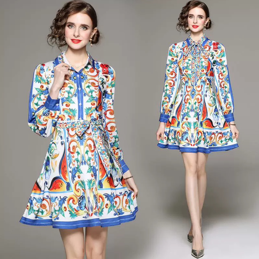 Bohemian Beach Dresses Female Casual Dresses Runway Flower Dress Summer Dress Shirt Women Buttons Letters C Floral Print Sicilian Short Sleeve Size M-XXL