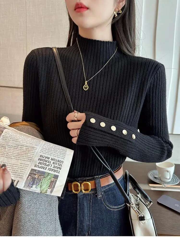 women thick pullovers thic casual autumn winter button o-neck chic sweater female slim knit top soft jumper tops