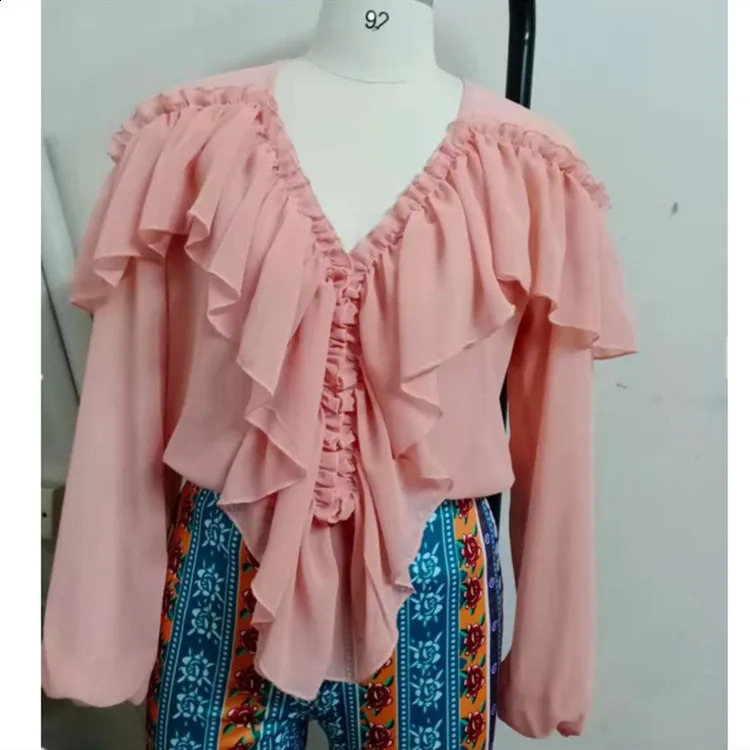 Spring Autumn Elegant Ruffles Women Shirts Top Casual V Neck Long Sleeve Loose Female Solid Chiffon Blouses For Women Blouse 250225