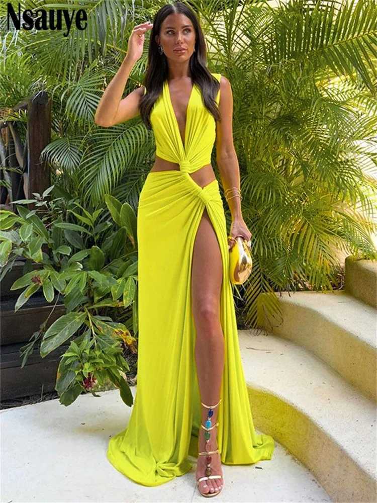 Basic Casual Dresses Nsauye Summer Holiday Beach Maxi Sexy Low cut Womens Club Evening Dress Party Shoulder High cut Elegant Wrap Dress 2024 J250301
