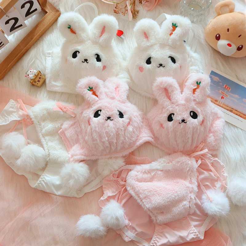 Japanese lolita girls plush lingerie with underpants no steel ring push-up bra set warm lingerie underpants suit rabbit braletteXJ250301