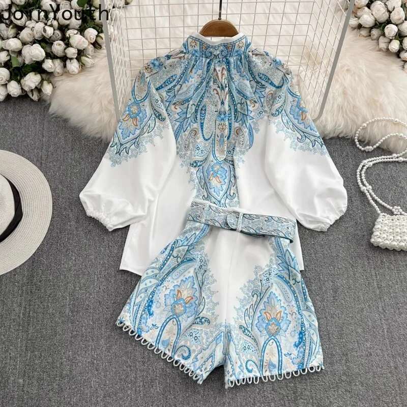 Korean 2 Piece Sets Women Clothes Stand Neck Single Breasted Shirt High Waist Wide Leg Pants Suit Vintage Ral Summer Outfits