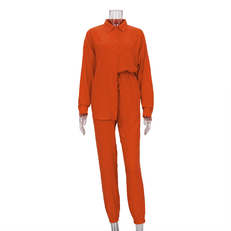INS Style New2 New Casual Solid Polo Collar Long Sleeve Shirt Top Harlan Pants Two Piece Set