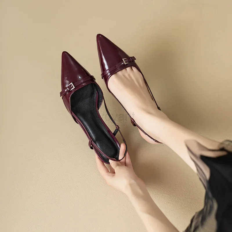 2024 New Summer French Wine Red Pointed Patent Leather Mid-heel Over Sandals for Wen Retro Skinny Heel Back Emp Shoes Z250326