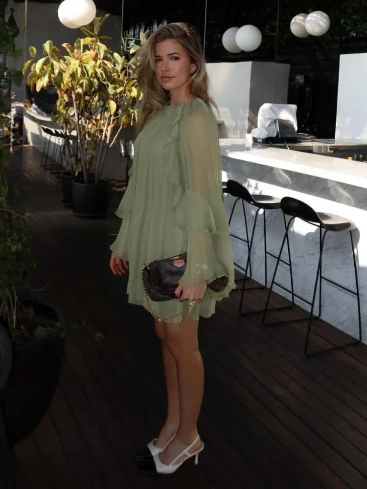 Basic Casual Dresses Womens Fashion Green Ruffle Hem Mini Dress Elegant Round Neck Long Flare Sleeve Party Dresses Summer New Lady Vacation Veatidos J
