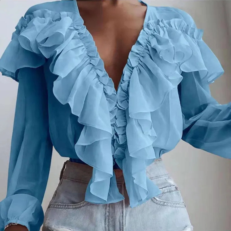 Spring Autumn Elegant Ruffles Women Shirts Top Casual V Neck Long Sleeve Loose Female Solid Chiffon Blouses For Women Blouse 250225