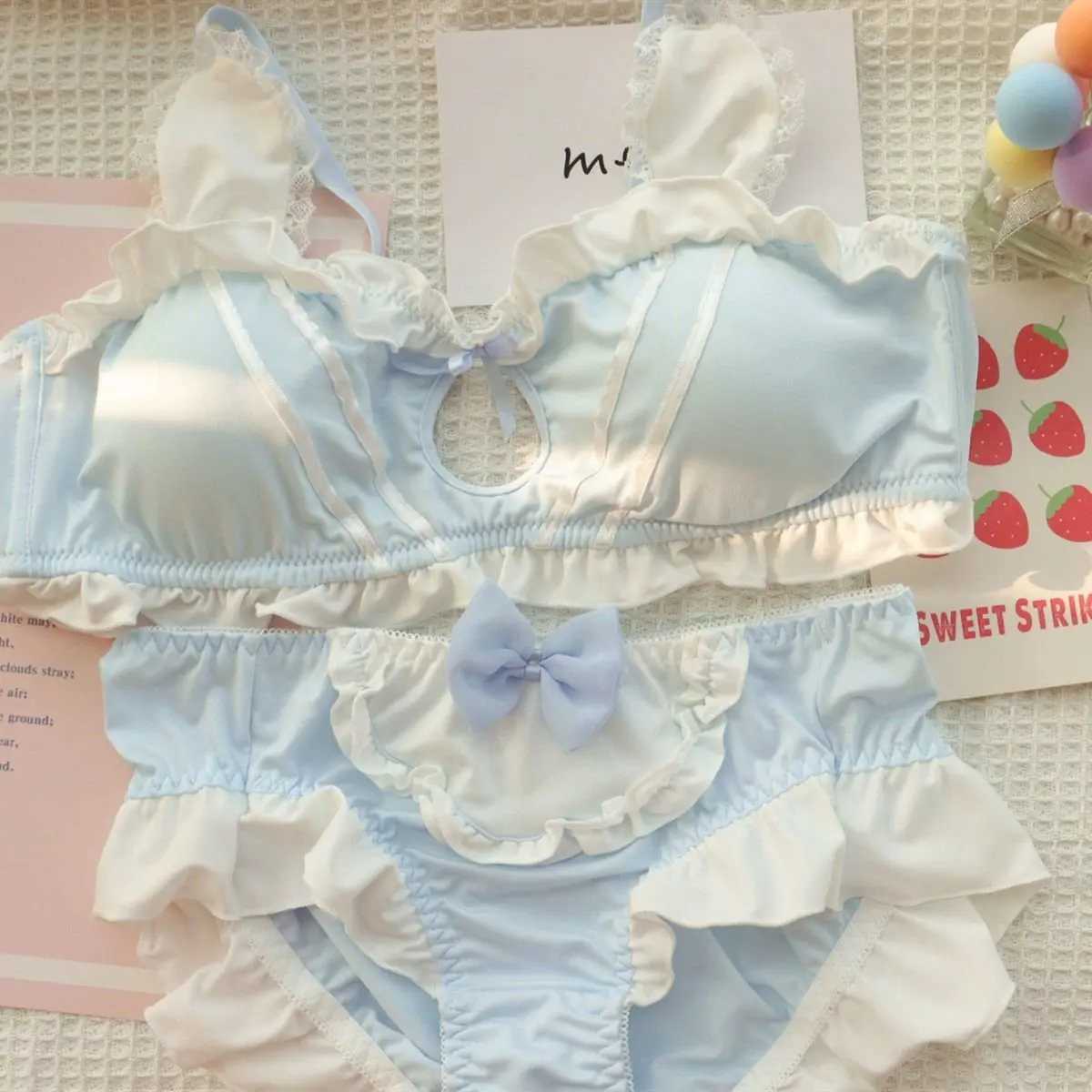 Lolita Cute lingerie women Japanese Rabbit ears sweet girl small chest pull together no underwire bra setXJ250301