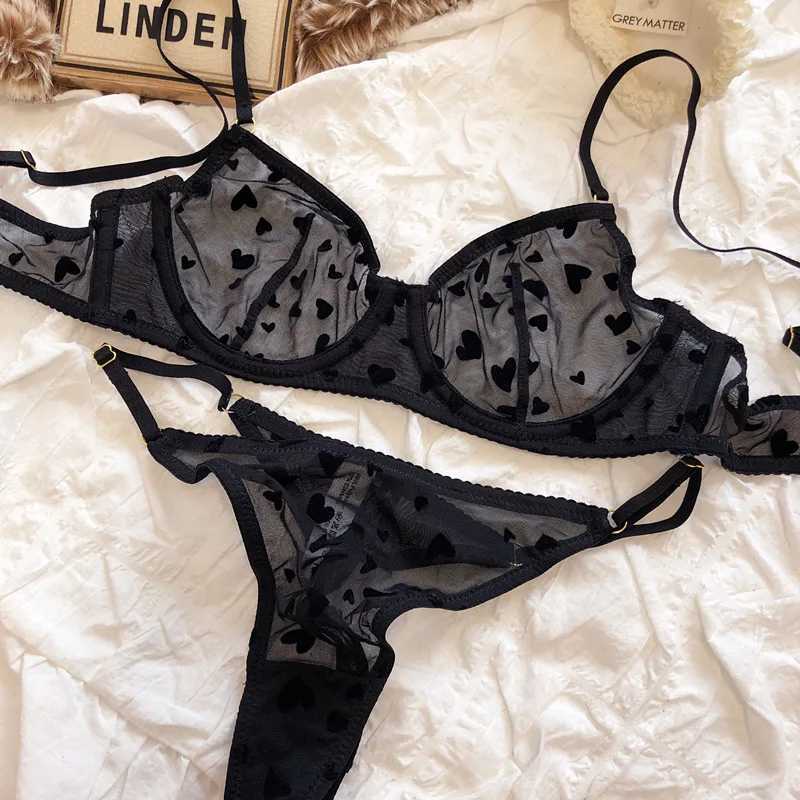 New Lingerie Thongs Set Sexy Ultra Thin Transparent Bra Women Underwire Push Up Bra Set Summer Romantic Peach Heart UnderwearXJ250301