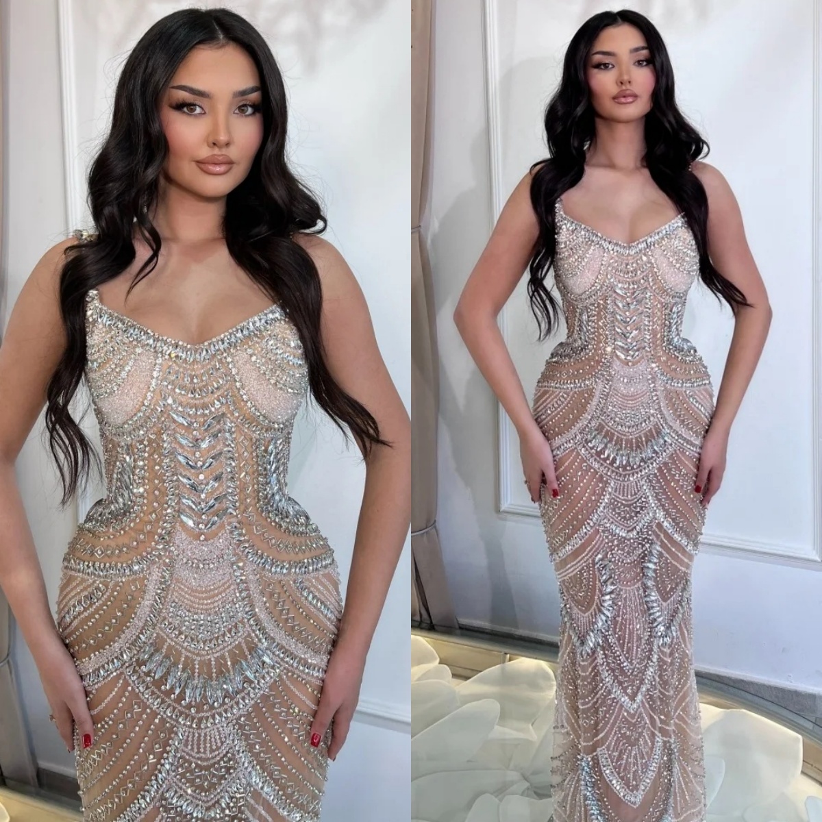 Sexy Wedding Dresses Crystal Mermaid Bridal Gowns Rhinestone Spaghetti Straps Customized Princess Sleeveless Sweep Train Bride Dress Vestidos De Novia