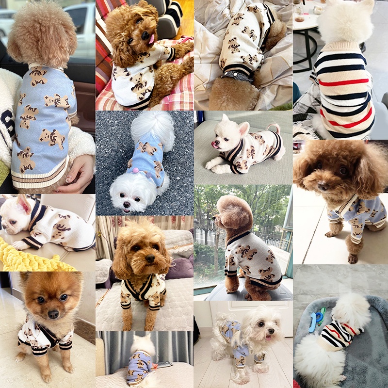 Fashion Dog Clothes Bear Print Cardigan Luxury Knitted Sweater French Bulldog Warm Coat Puppy Outfit Jacket Winter Pet Supplies