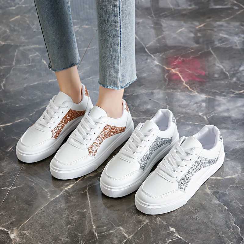 Womens casual sports shoes with sequin decoration for autumn 2025 new market outdoor lace casual vulcanized shoesXJ250301