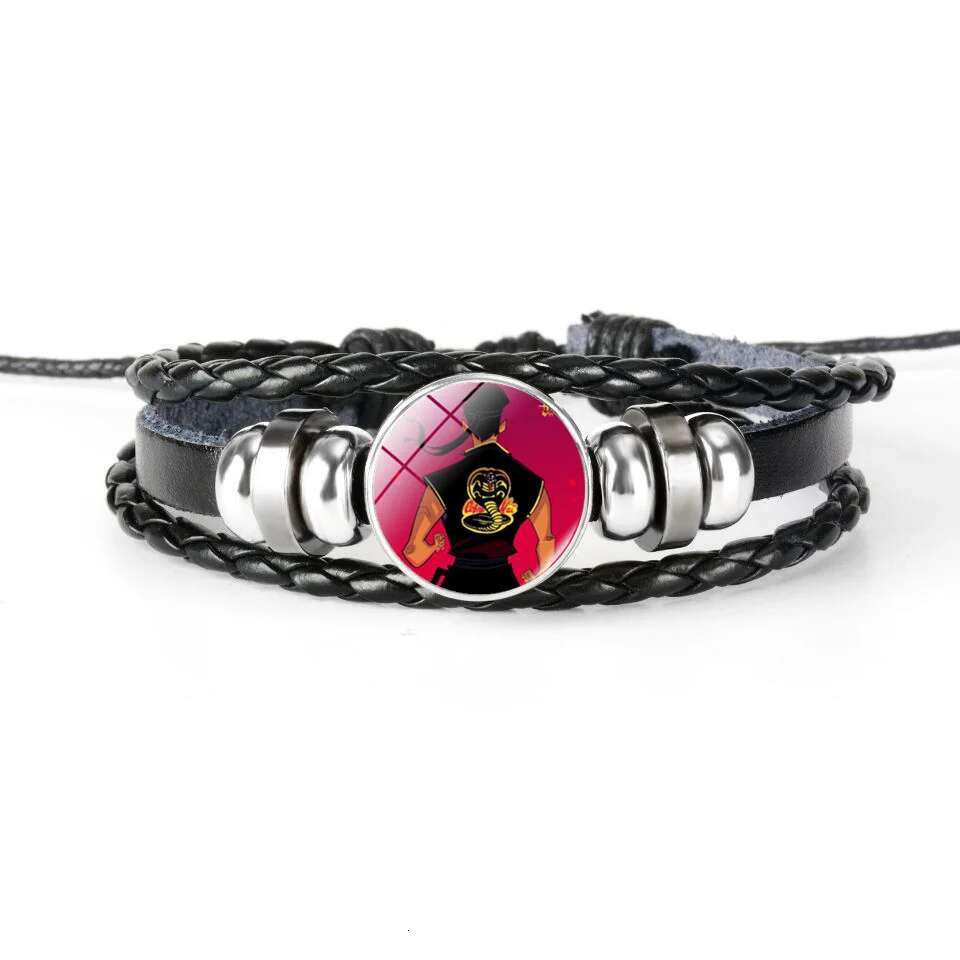 Animation Cobra Kai Leather Karate Movie Glass Snap Buckle Jewelry Multilayer Retro Handwoven Bracelet Men Cosplay Gift