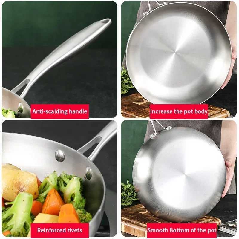 304 Stainless Steel Frying Pan NonStick Pan Fried Steak Pot Uncoated Kitchen Cookware For Gas Stove and Induction CookerC250301