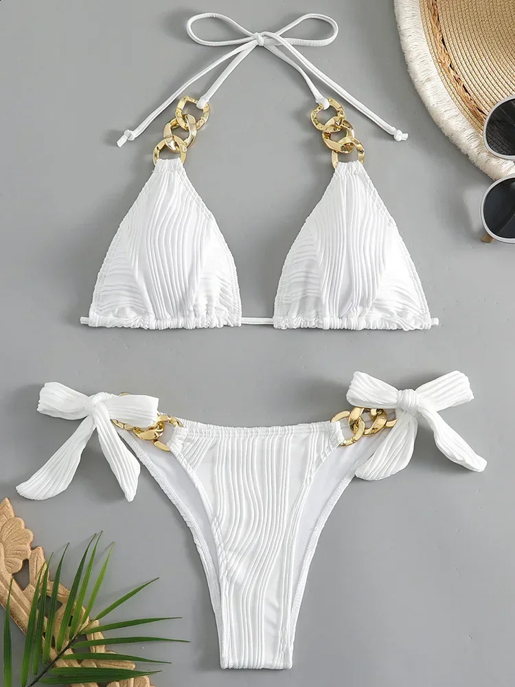 Halter Metal Rings Bikini Wrinkled Female Swimsuit Women Swimwear Twopieces Set High Cut Bathing Suit Swim Lady 250227