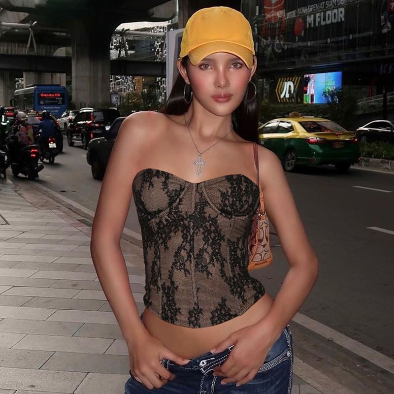 Women's Clothing 20224 Winter New Product Sexy Lace Fishbone Slim Fit Backless Waist Cinched Strapless Top
