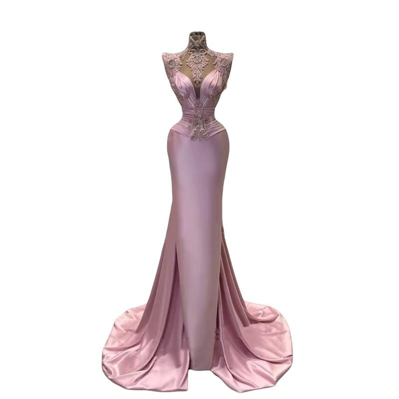Elegant High Neck Mermaid Evening Dresses Pink Satin Long Formal Occasion Gowns Lace Appliques Pleats Sleeveless Prom Dress For Ladies 2025