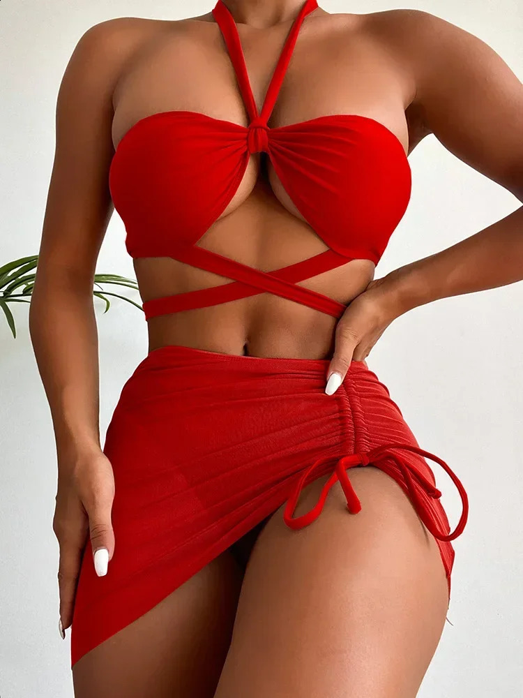 3 PCS Mesh Skirt Halter Wrap Around Bikini Female Swimsuit Women Swimwear Threepieces Set Bathing Suit Swim Beachwear 250227