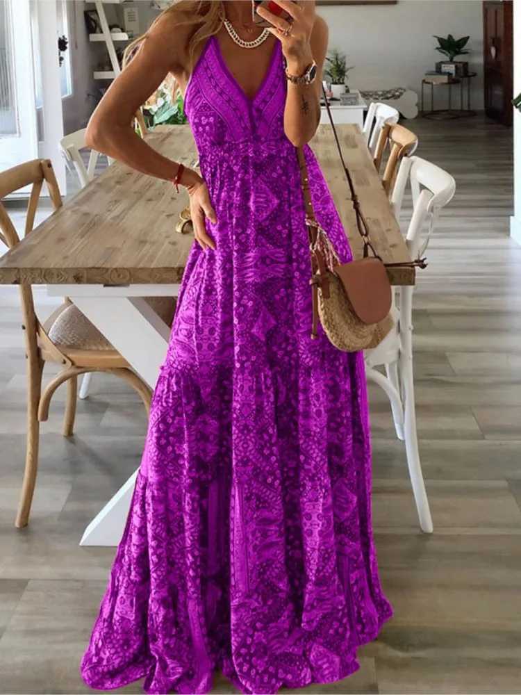 Basic Casual Dresses Bohemian Style Printed Spaghetti Strap Dresses For Women Sexy V-neck Holiday Beach Long Dress Casual Ladies Summer Maxi Dresses J