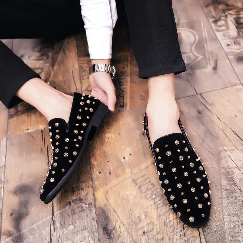 2024 New Brand Black Spikes Mens Loafers Denim And Metal Sequins High Quality Casual Men Wedding Flats Shoes