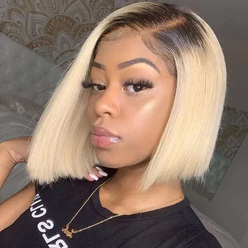 Ash Blonde Gradient Straight Short Bob Minimalist Glueless HD Lace Closure Human Hair Wig Side Parted For Party Cosplay