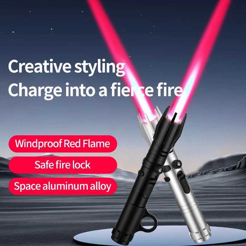 Metal Lightsaber Style Gas Lighter Powerful Red Flame Turbine Jet Torch Outdoor Compass Windproof Lighter BBQ Welding Cigar ToolT250301