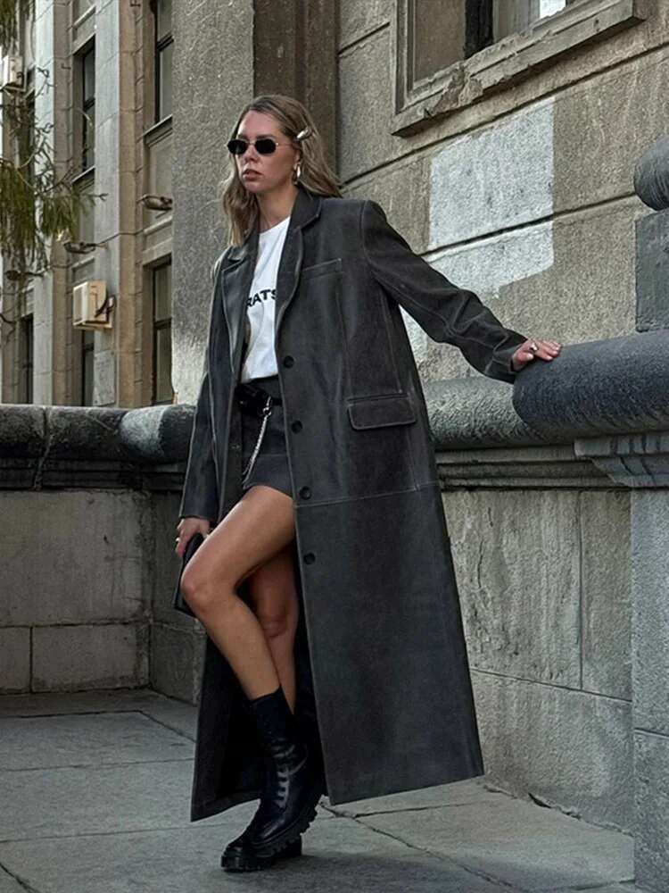 Grey Leather Women's Coat Vintage Turndown Collar Single Breasted Long Sleeve Coats Fashion Autumn Retro Jacket Outerwears