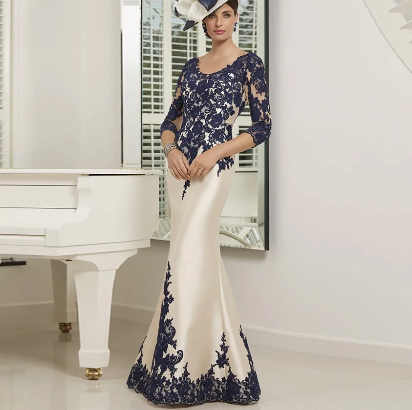 Elegant Long Mother Of The Bride Dresses Navy Lace Appliques Mermaid Wedding Guest Dress 3/4 Long Sleeves Sweep Train Groom Mom Formal Party Gowns