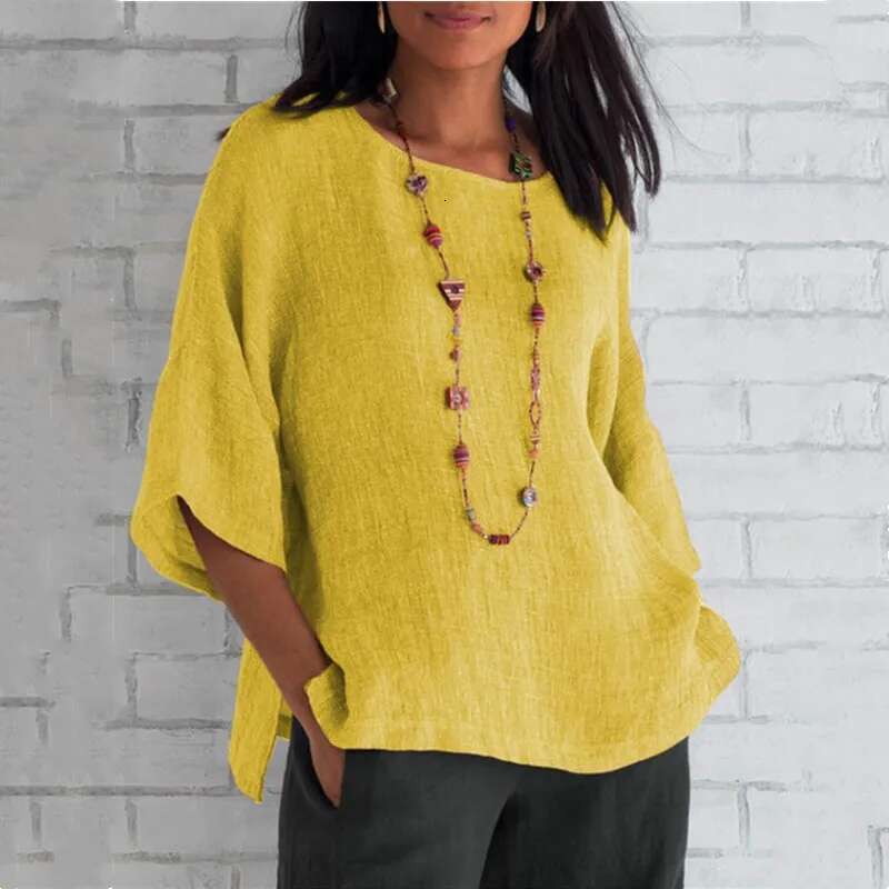 Cotton Shirts O-Neck Three Quarter Loose Casual en Blouse Tops Summer Cothes For Women Streetwear