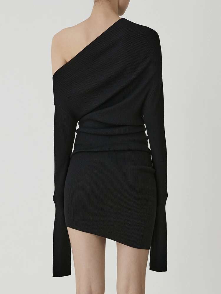 solid Slimming Pullover Dresses For Women Diagonal Collar Long Sleeves High Waist Minimalist Knitting Dress Female