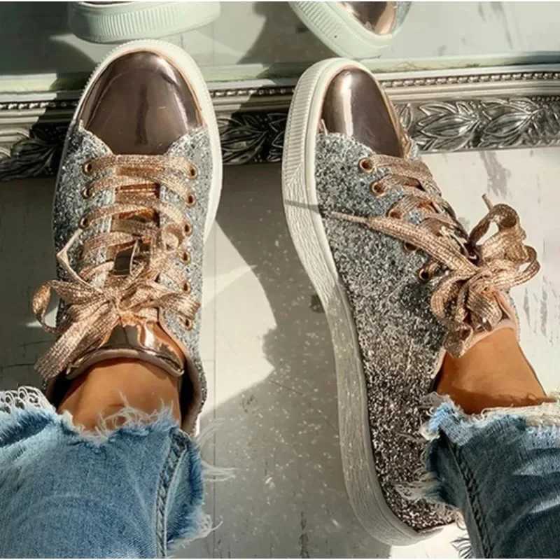 Womes Sneakers Bling Golden Shoes Casual Female Breathable Lace Up Outdoor Sport Tennis Women Vulcanize Shoes Womens ShoesXJ250301