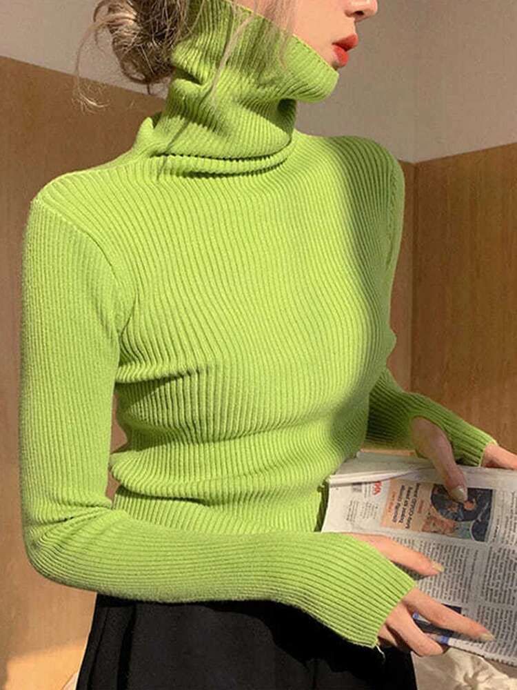 Knitted Women Korean Version Turtleneck Sweater Winter Solid Color Pullover Slimming Interior Lapping Warm Basic Tops