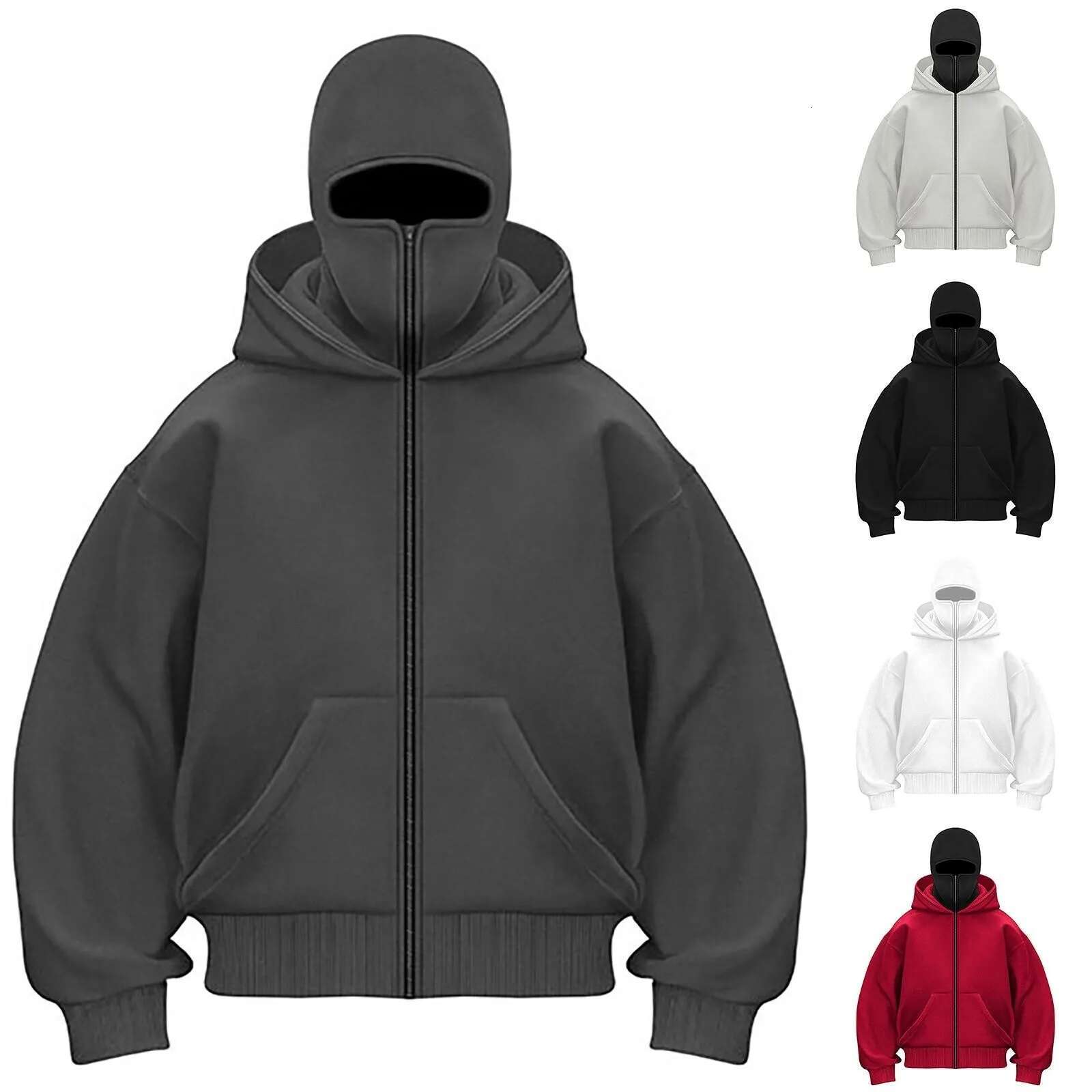 Balaclava Hoodies Fashion Integrated Double Layer Warm Windbreak Zip Up Hoodie Y2k Vintage Hip Hop Ninja Sweatshirt Streetwear