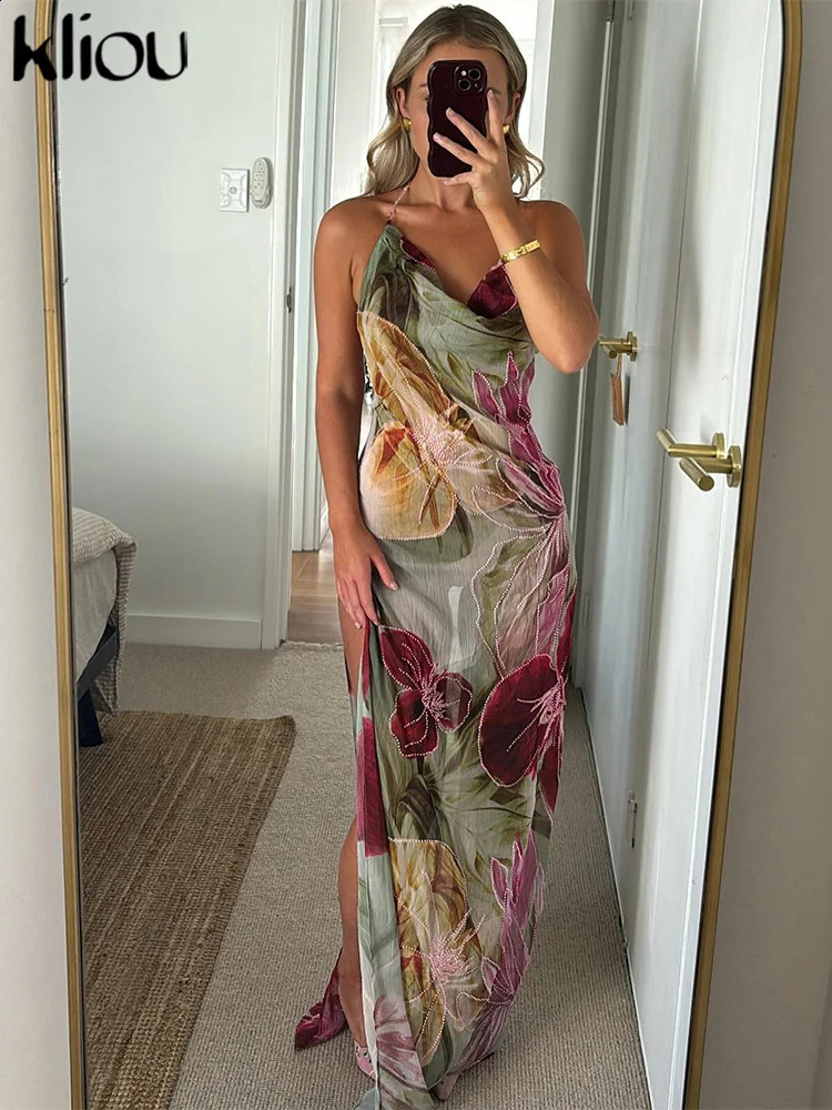 kliou Floral Print Women Dress Vacation Beach Style Suspendency Backless Halter Split Thin Vestidos Female Trend Attractive Wear 250224