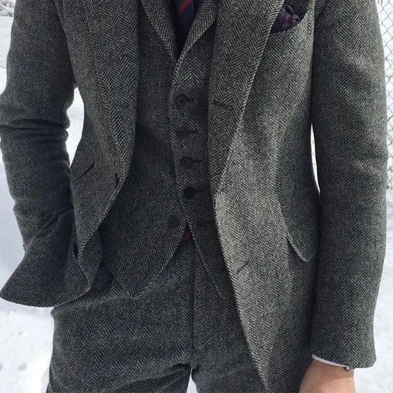 Grey Wool Tweed Winter Men Suits For Wedding Formal Groom Tuxedo Herringbone Male Fashion 3 Piece JacketVestPantsTie 250224
