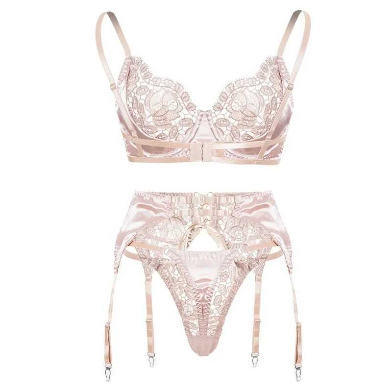 Aduloty Women Sexy Underwear Exquisite Embroidery Lace Satin Splice Thin Bra Seduction Erotic Lingerie Lace Up Three Piece SetXJ250301