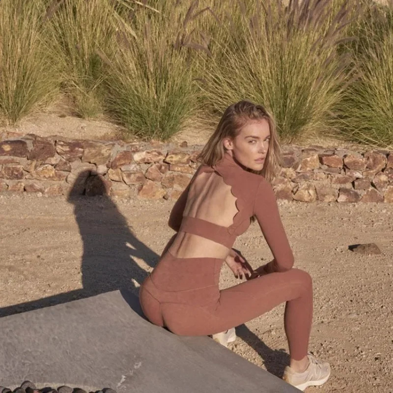 Set Long Sleeved Backless Sexy Fitness Running Womens Sports Top High Waisted Lifting Buttocks Tight Pants European Size 250226