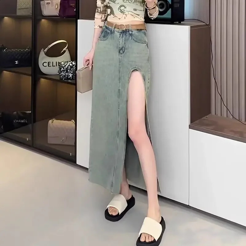 Plus Size Hong Kong Style Spicy Jeans Side Slit Skirt Medium Length Anti-Exposure A- Line Long Dress Plus Size Half Skirt 250224