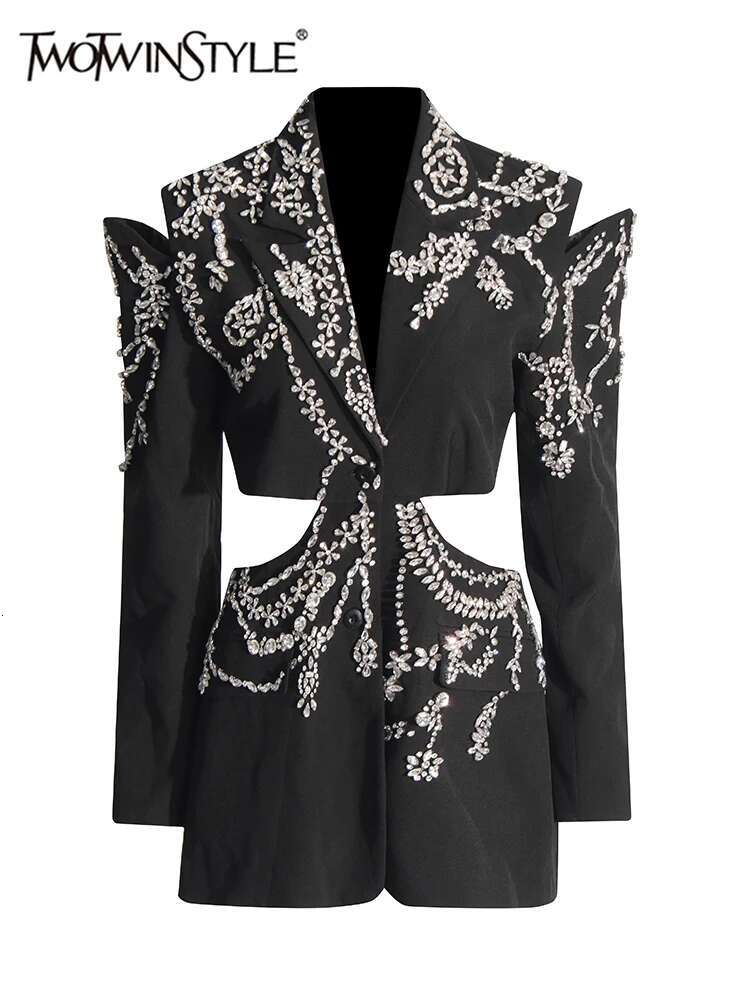 TWOTWINSTYLE Solid Spliced Dias Chic Blazers For Women Notched Collar Long Sleeve Patchwork Button Designer Coat Female New