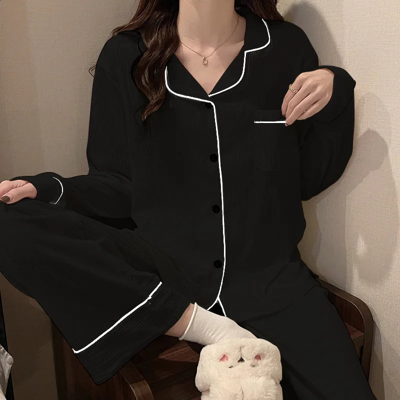 Casual Sleepwear Pyjamas Women Black White Spring Autumn Winter Home Clothes Long Sleeve Female Nightwear Pajamas Set M-3XL 250226bj