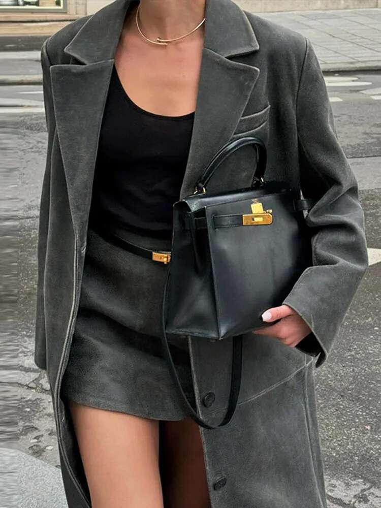 Grey Leather Women's Coat Vintage Turndown Collar Single Breasted Long Sleeve Coats Fashion Autumn Retro Jacket Outerwears