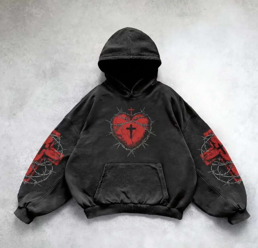fashionable loose fitting pullover cross heart print side pocket hooded sweatshirt gift for man