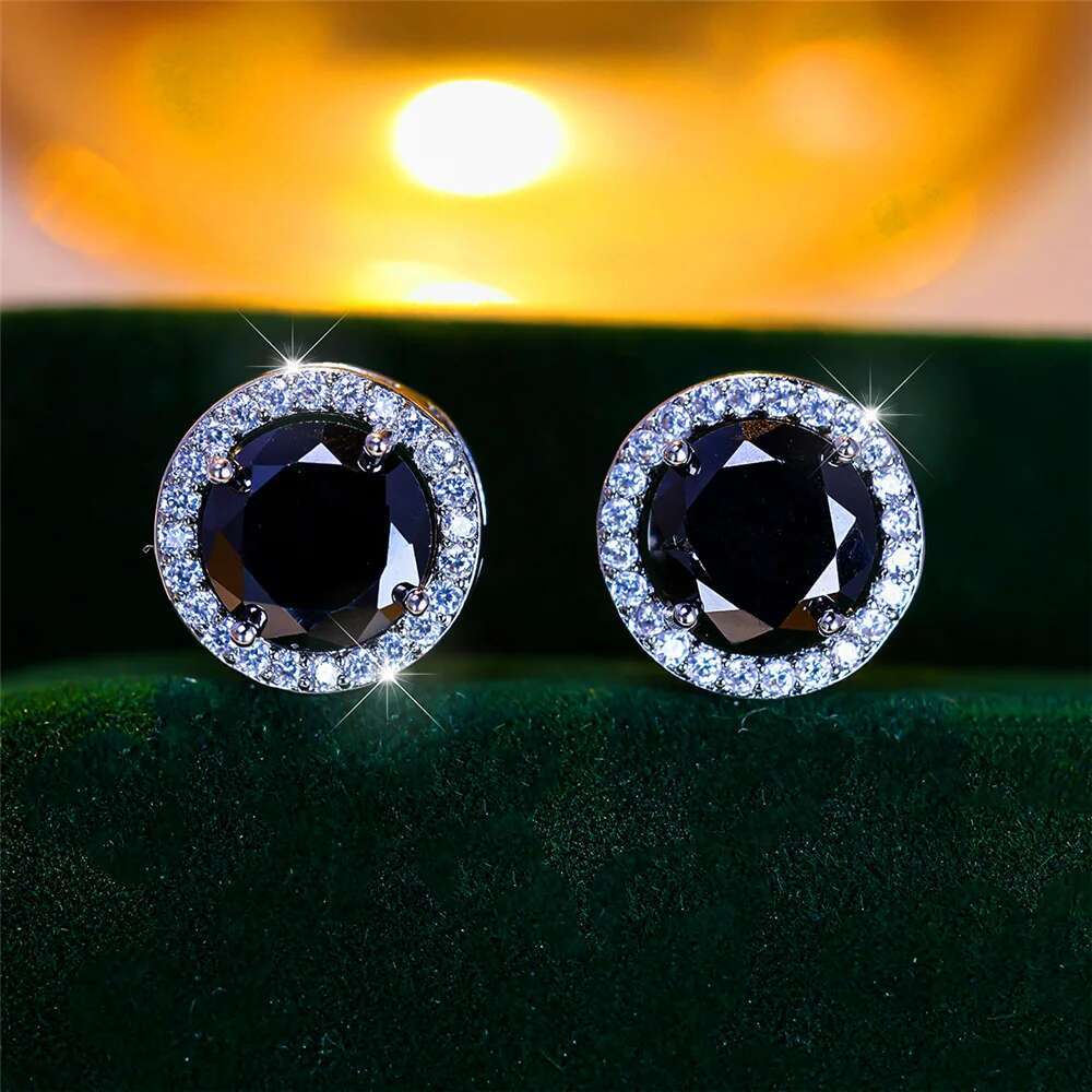 Male Female Crystal Purple Blue Green Round Stud Earrings Sier Color Wedding Jewelry For Women Men